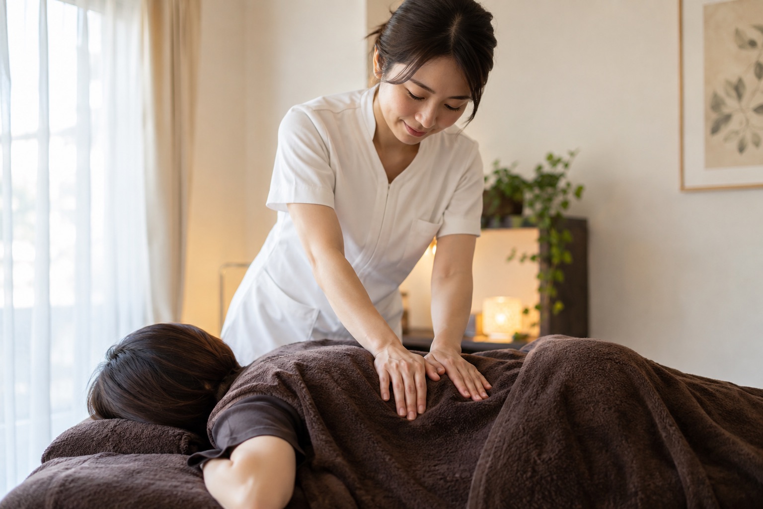 タオルの上から背中を手のひらでもみほぐすボディケアのイメージ