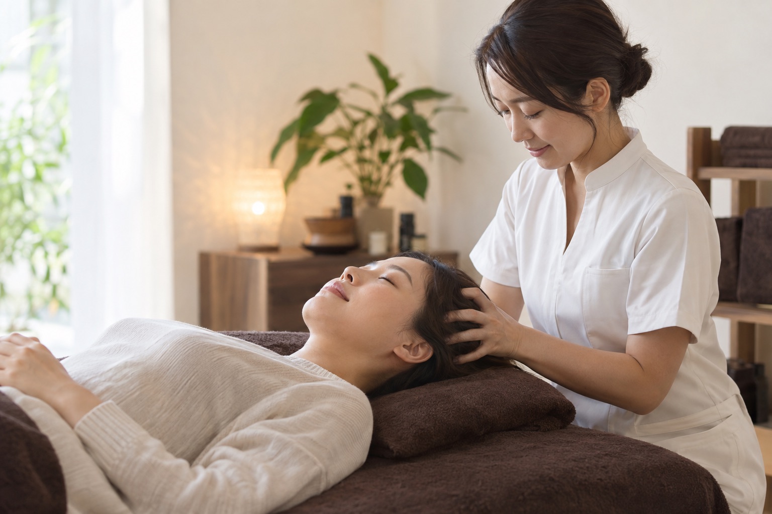 仰向けの姿勢で、頭をやさしくほぐすヘッドケアのイメージ