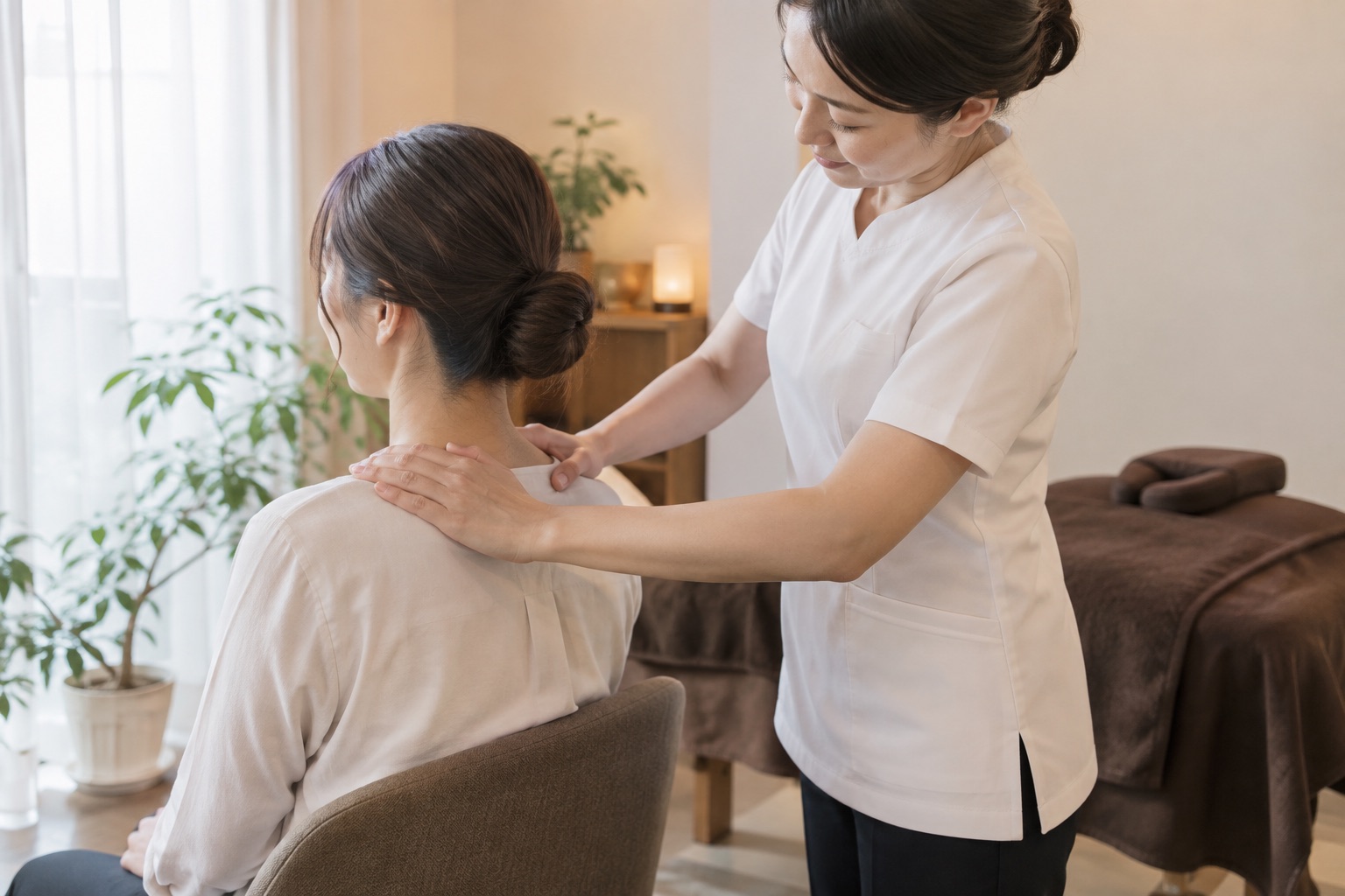 椅子に座ったまま肩まわりを手でほぐす、肩・首のケアのイメージ