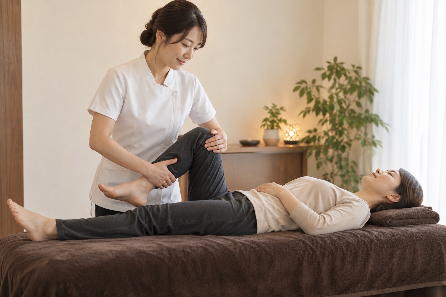 セラピストが脚を支え、無理のない範囲で伸ばすストレッチのイメージ