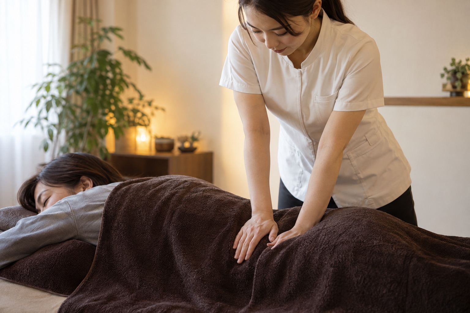 うつ伏せの姿勢でタオル越しに腰のまわりをケアする施術イメージ
